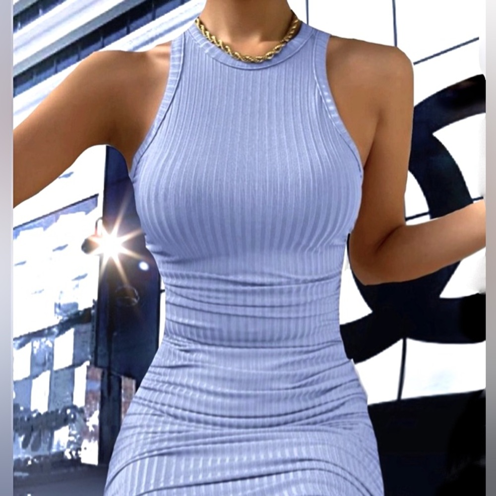 NWT, Lavishly Paris Women’s Baby Blue Ruched Midi Dress. - Picture 13 of 16